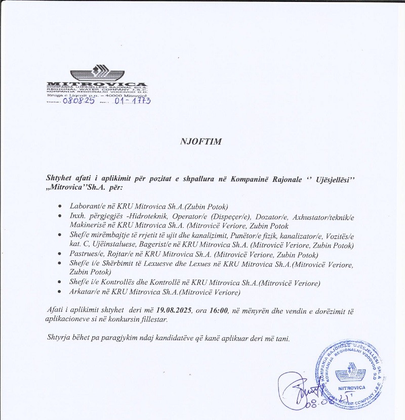 Njoftim: Shtyhet afati i aplikimit për pozitat e shpallura në Kompaninë Rajonale "Ujësjellësi" "Mitrovica" Sh.A.